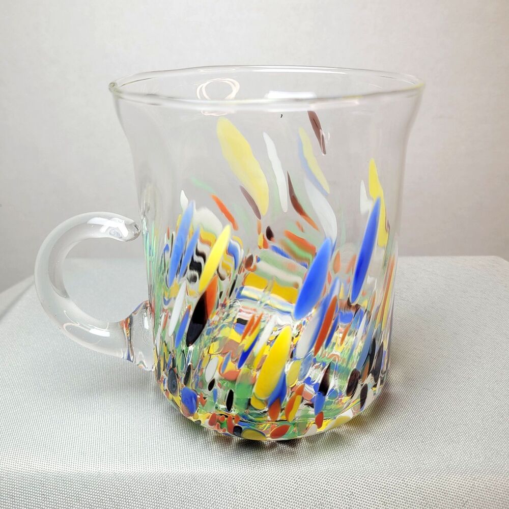 Murano Confetti Art Glass 16 oz Mugs SET of 4 Made in Italy White Cristal Glass